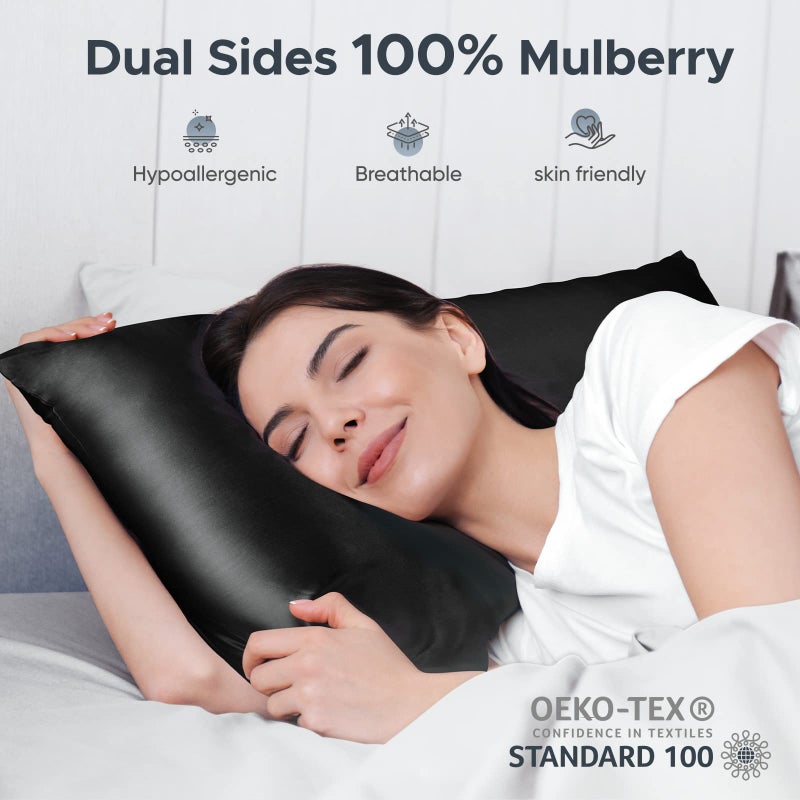 CAAIR 100% Pure Mulberry Silk Pillowcase for Hair and Skin - Allergen Resistant Dual Sides 600 Thread Count Silk Bed Pillow Cases with Hidden Zipper 1pc King Size Black - Image 2